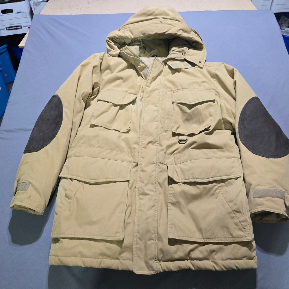 Trader Bay Down Parka Jacket Mens Medium Tan Leather Elbow Patches Hooded Heavy